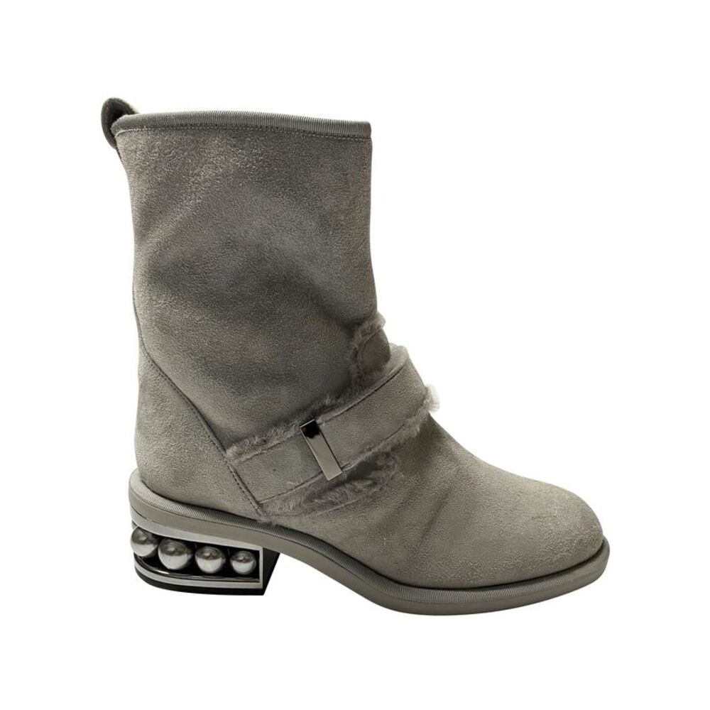Nicholas Kirkwood Casiti Pearl Embellished Biker Boots in Grey Suede